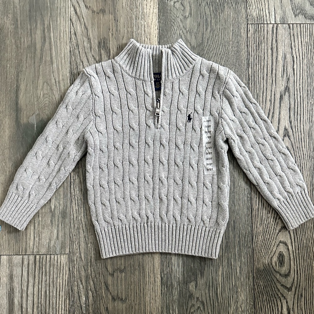 Polo By Ralph Lauren Gray Cable-Knit Cotton Quarter-Zip Sweater, Size 3T